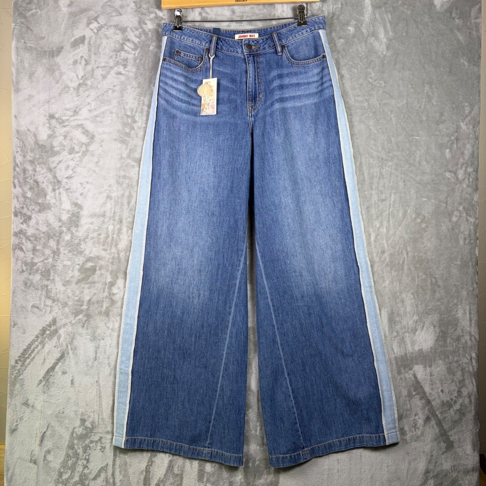 NWT Johnny Was Wide Leg Jean Size 30 Boho Denim‎ Blue Pants Blanket Stitch